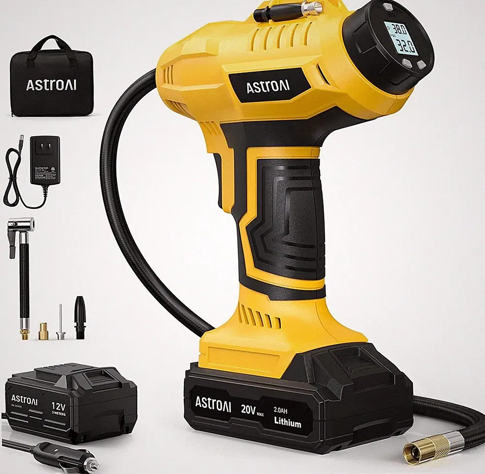 YELLOW AstroAI Cordless Tire Inflator Air Compressor 20V Rechargeable Portable